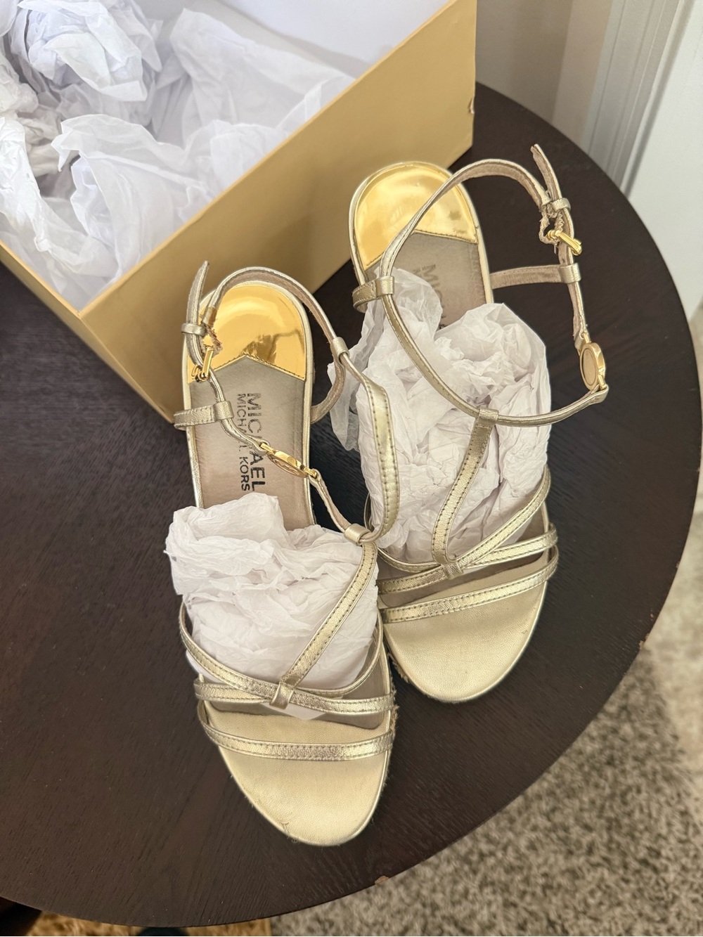 Michael Kors Metallic Gold Strappy T-Strap Heels
